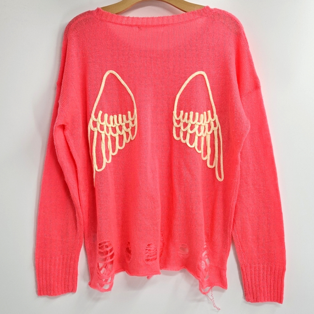 Love Tree Sweater Distressed Hot Pink Knit Angel Wing Embroidery‎